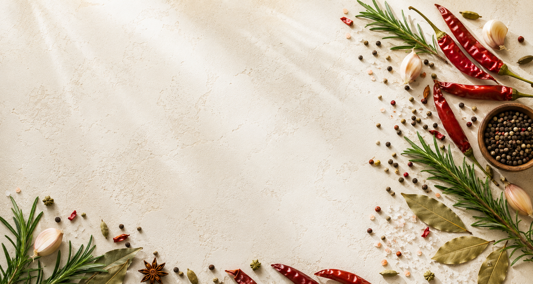 Assortment of premium spices, chillies, rosemary and peppercorns on a cream stone surface