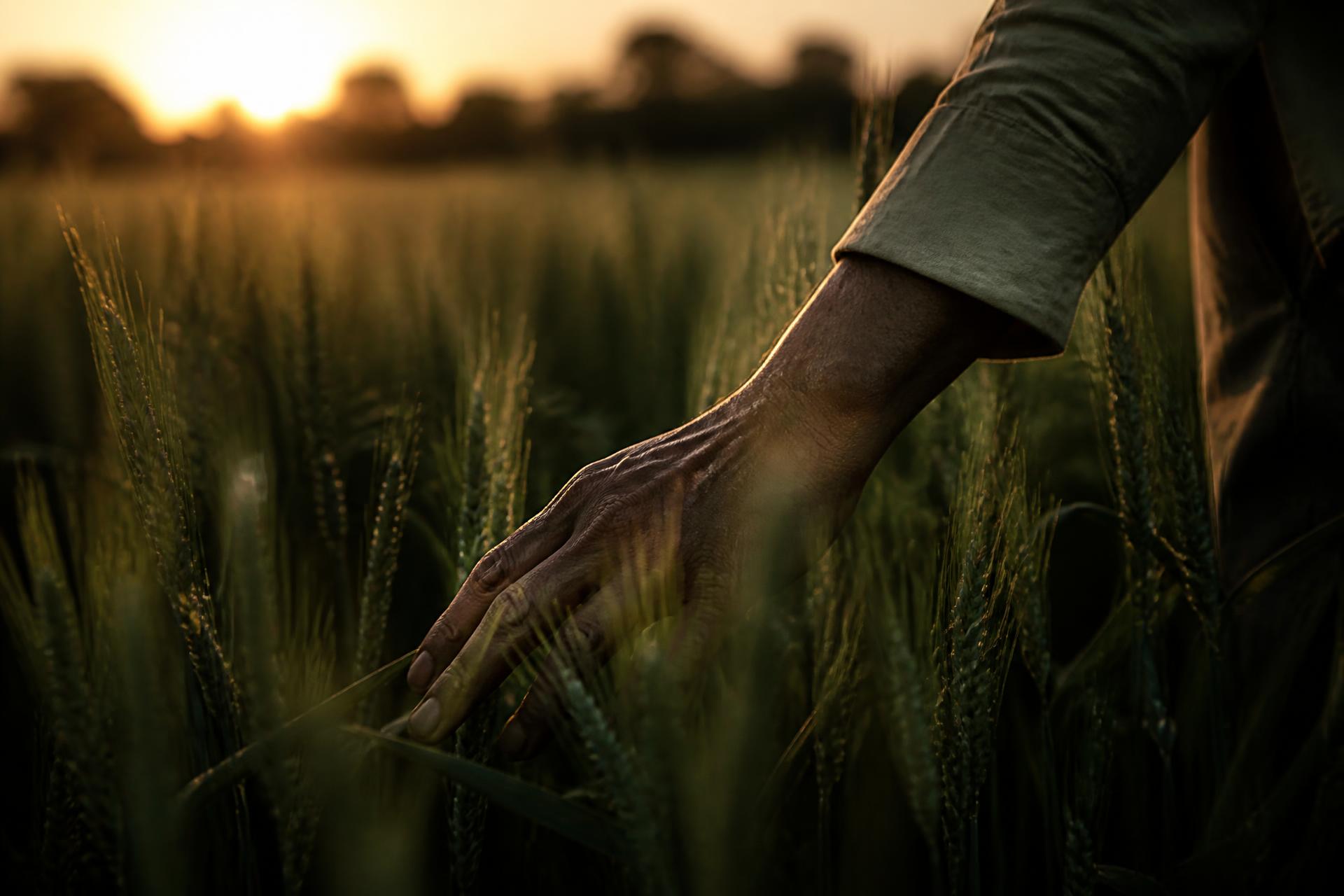Hand touching wheat at sunset